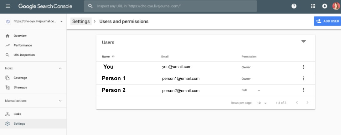 The Google Search Console users and permissions settings. 