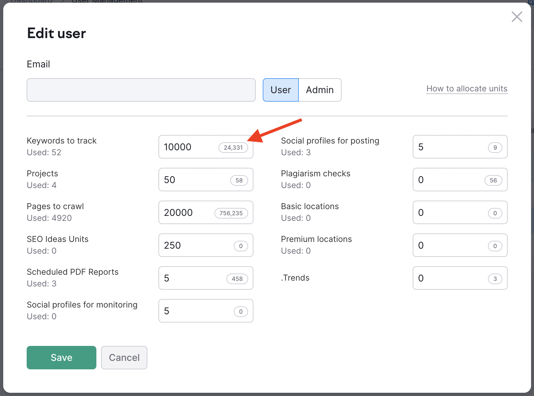 A red arrow highlights the number of available units that you can distribute.