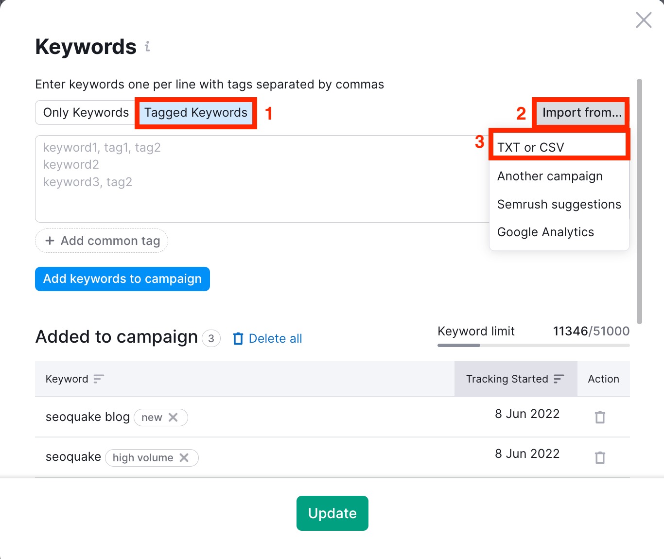 How to upload a TXT/CSV file with tagged keywords to Position Tracking? image 5