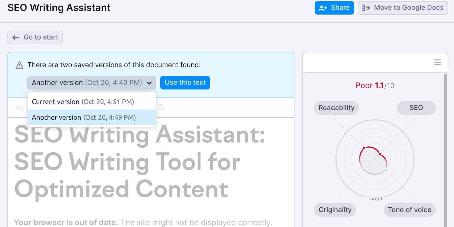 An example of multiple saved versions of a document. The example shows a dropdown list of two different saved versions of the document: current version and another version. Both documents have dates and times next to them.  