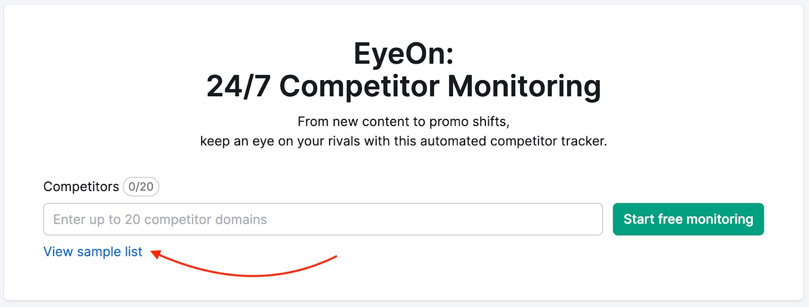 Starting page of EyeOn tool. Below the field reserved for entering domain URLs, a 'View sample list' button is highlighted.