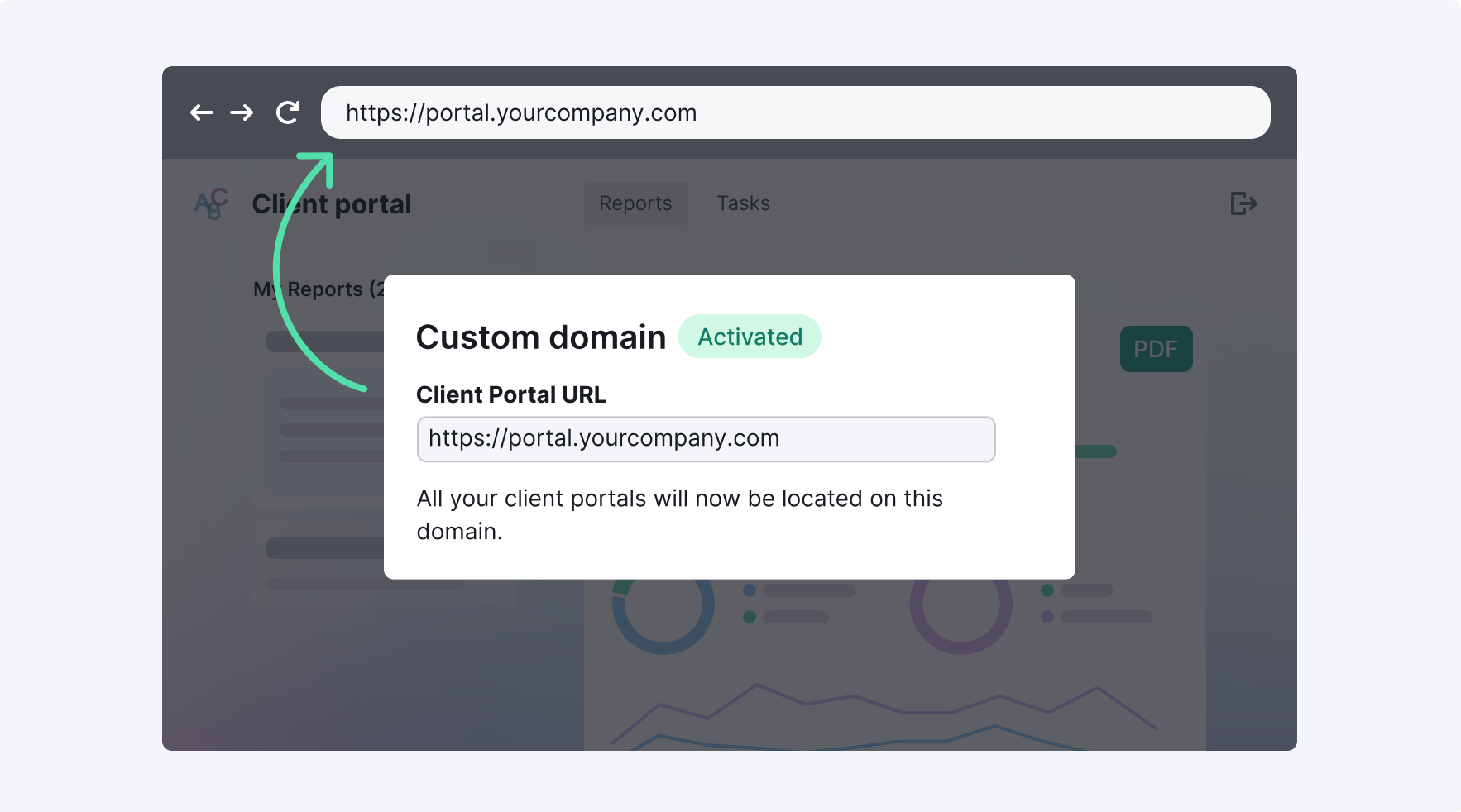 A pop-up window in Client Portal, demonstrating an active custom Client Portal domain URL.