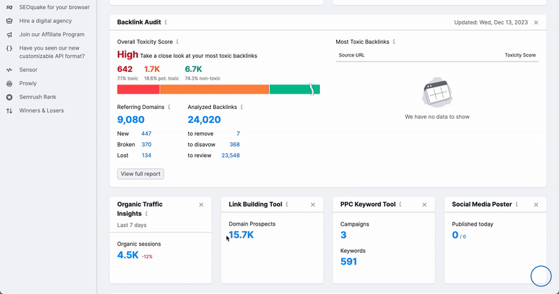 An example of redirecting to the Organic Traffic Insight tool after clicking the blue number in the corresponding widget. 