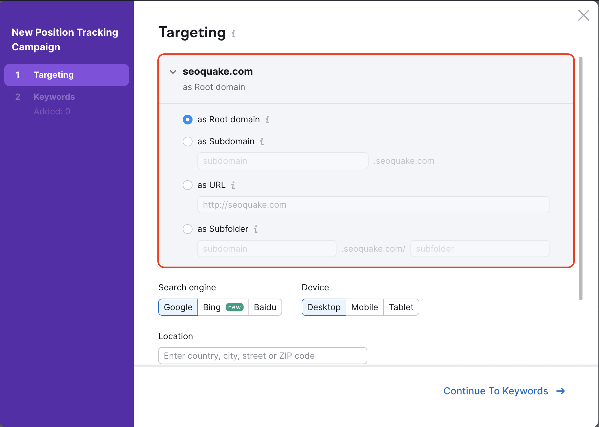 Position Tracking configuration window – Targeting. A red rectangle is highlighting the drop-down with the target selection.  