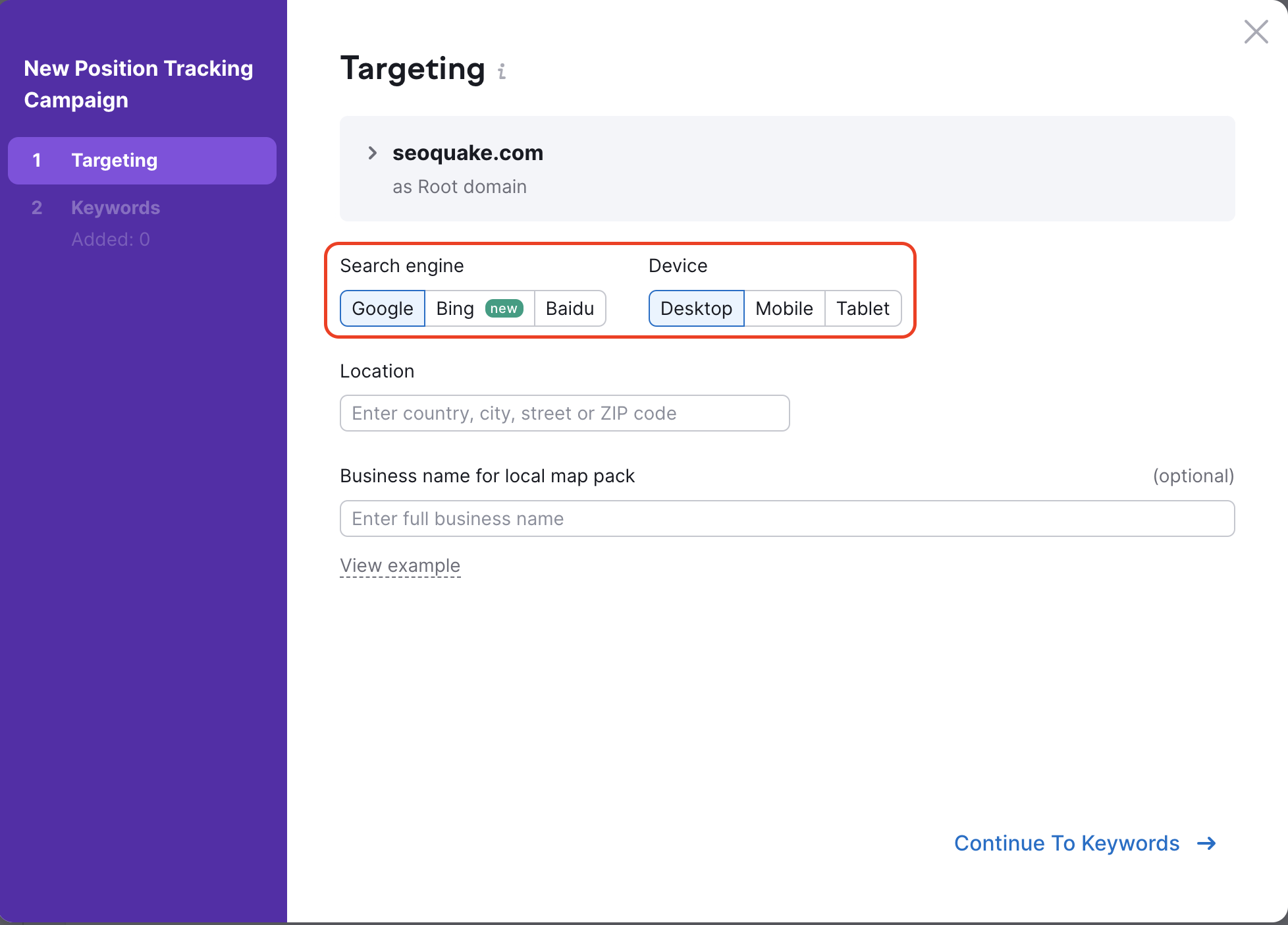 Position Tracking configuration window – Targeting. A red rectangle is highlighting the Search engine and Device buttons.  