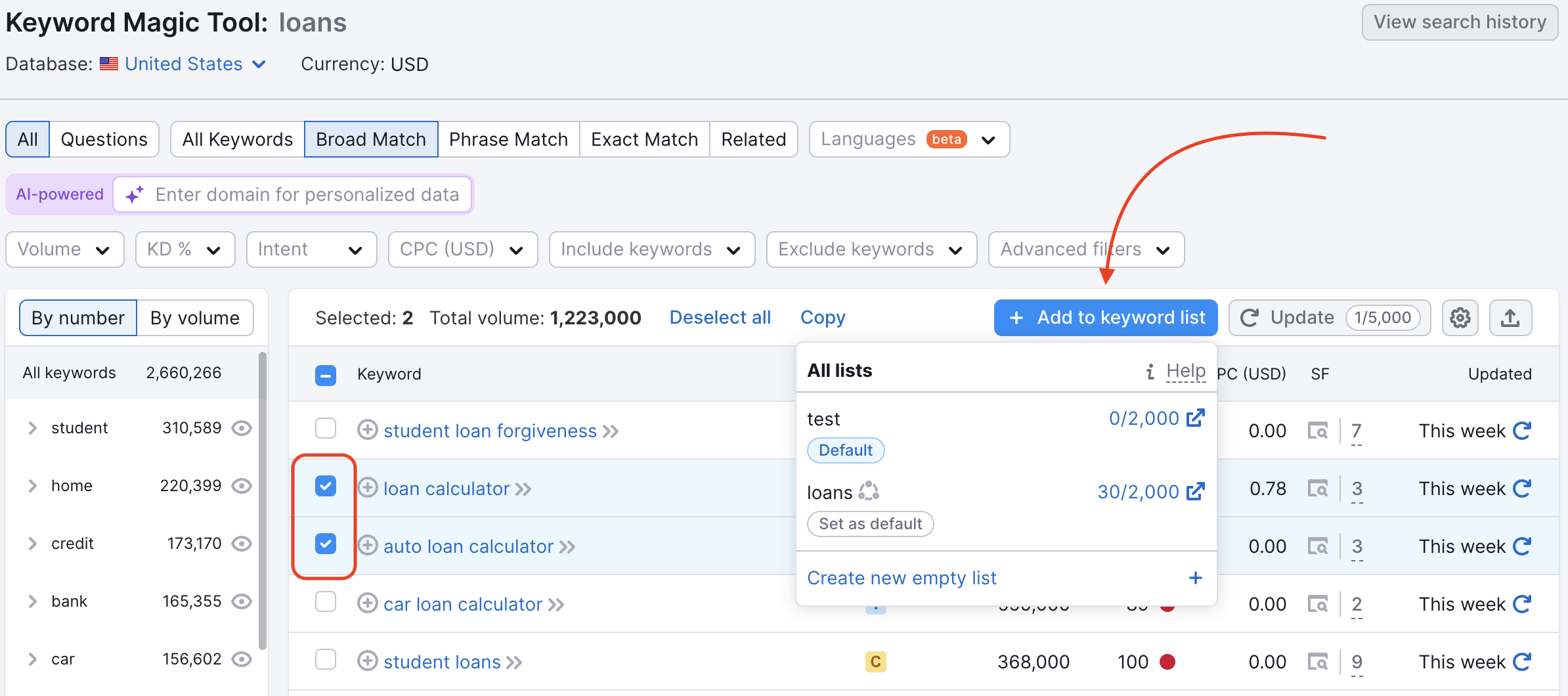 An example of marking keywords in Keyword Magic Tool to send them to Keyword Strategy Builder. A red rectangle is highlighting the selected keywords and a red arrow is pointing to the Add to keyword list button at the top-right corner of the table. 