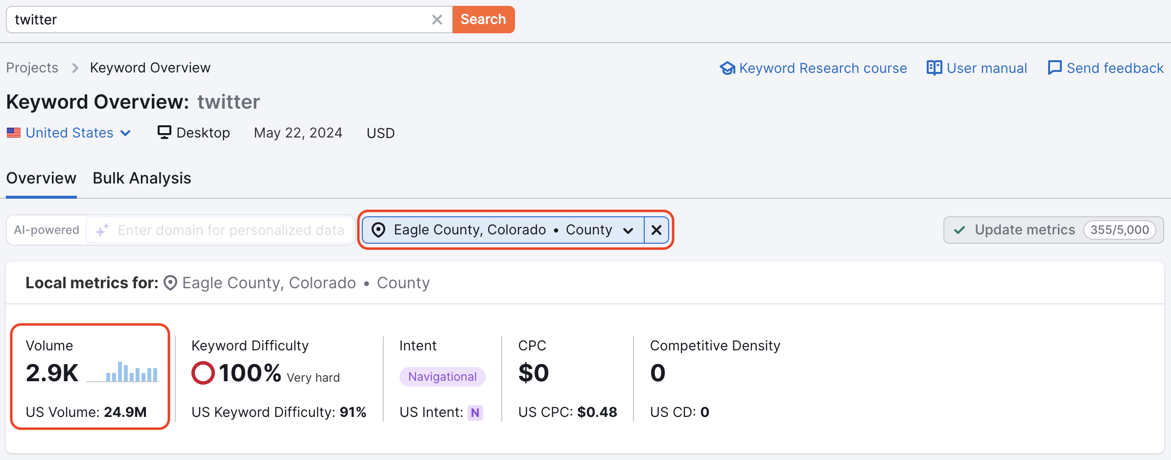 An example of the Keyword Overview report with red rectangles highlighting the select location bar at the top of the widgets, and local volume in the Local metrics widget. 