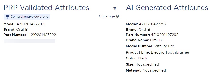 An example of PRP validated and AI-generated attributes in the ‘Single Product Analysis’ feature of Product Research Pulse.