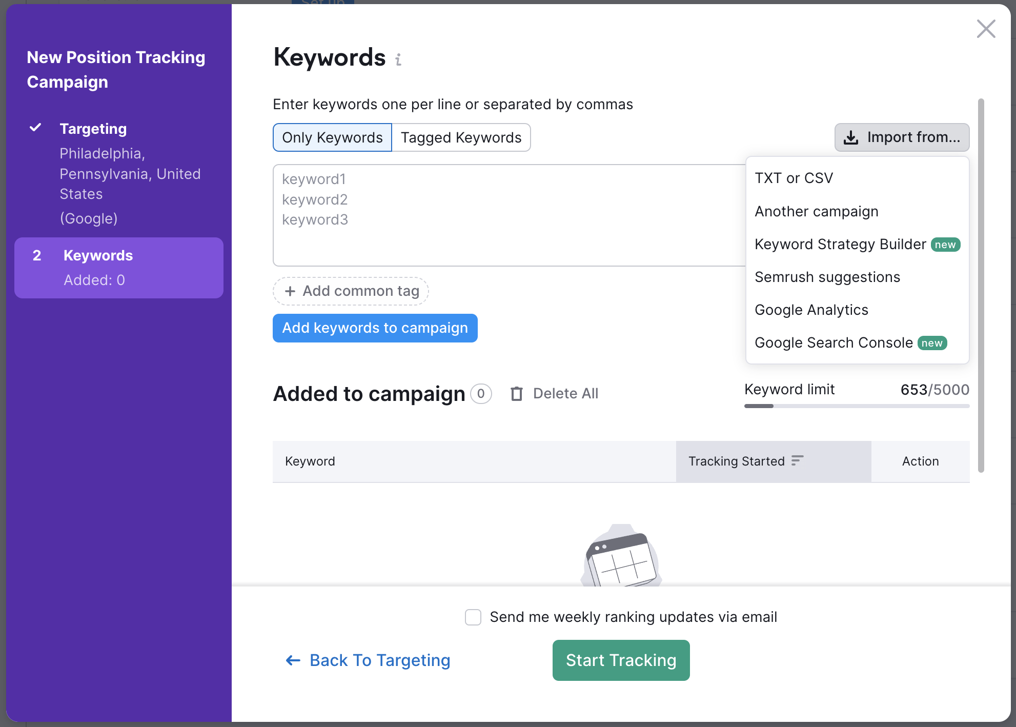 Position Tracking configuration window, Keywords section, shows a drop-down that appears after clicking the Import from button at the top right.