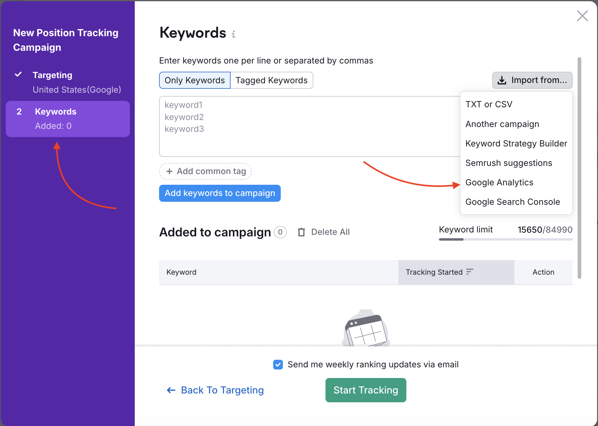 Position Tracking configuration menu Keywords section shows that you can connect a Google Analytics account by clicking the Import from button in the top-right corner and selecting Google Analytics. 