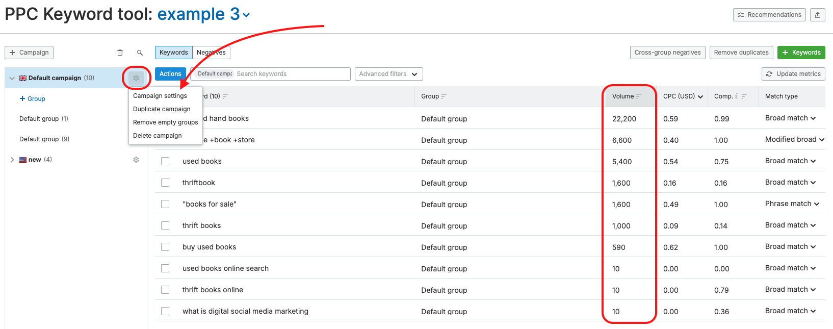 The settings drop-down and the Volume column are highlighted in the PPC Keyword Tool. 