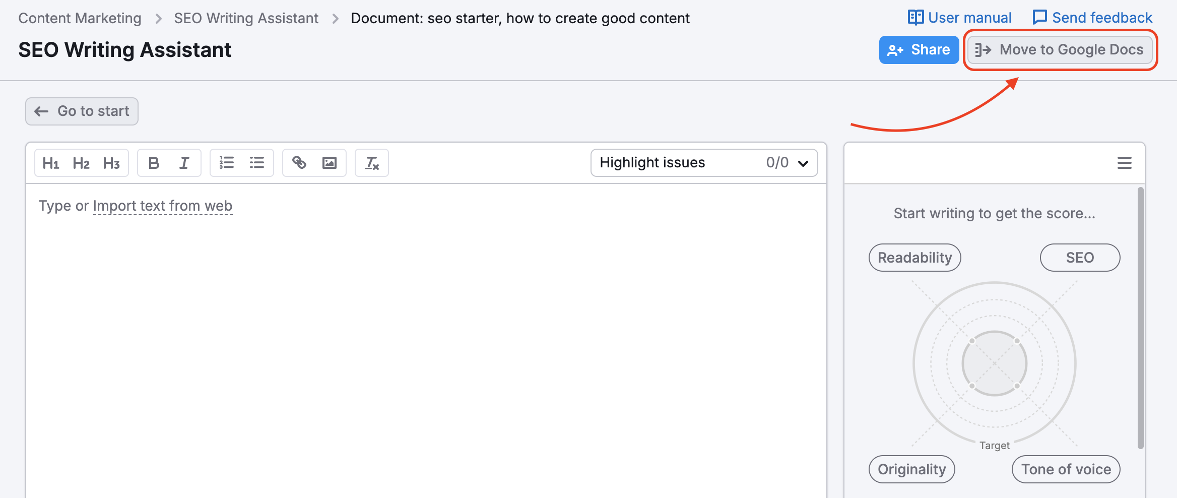 A red rectangle highlights the 'Move to Google Docs' button in the top right corner of SEO Writing Assistant. 