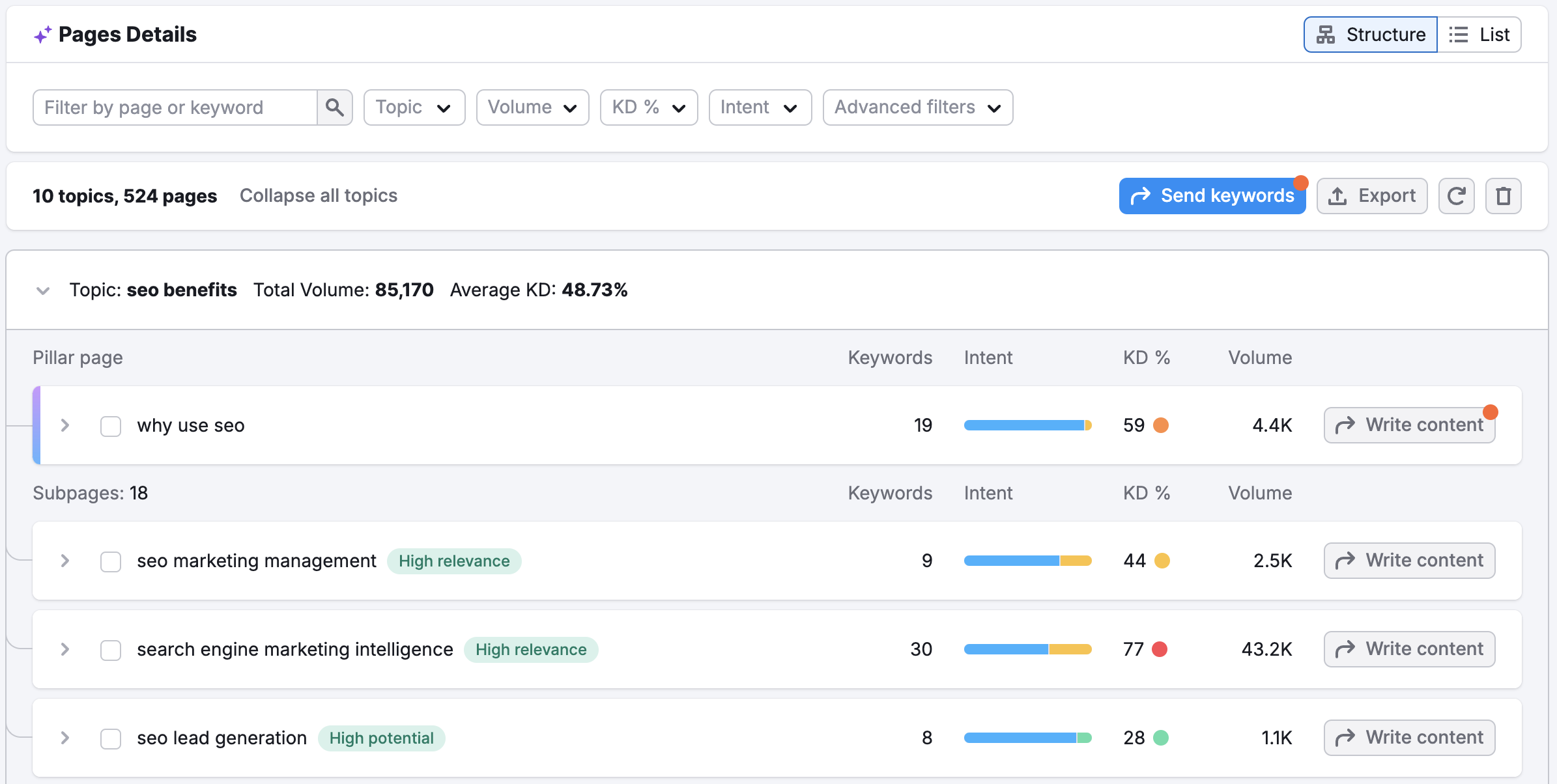 The detailed overview of the topic keywords for the Pillar and Sub-pages. 