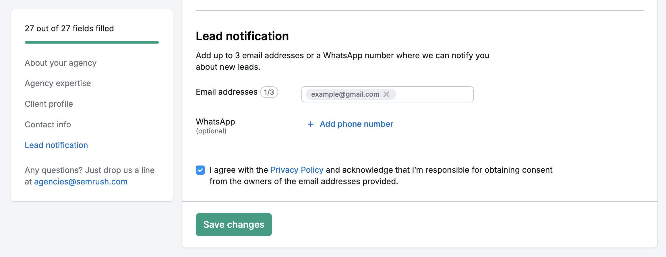 Example of the Lead Notification section with the field for email and an option to add a phone number. A box confirming that a Privacy Policy has been read and agreed with is ticked.