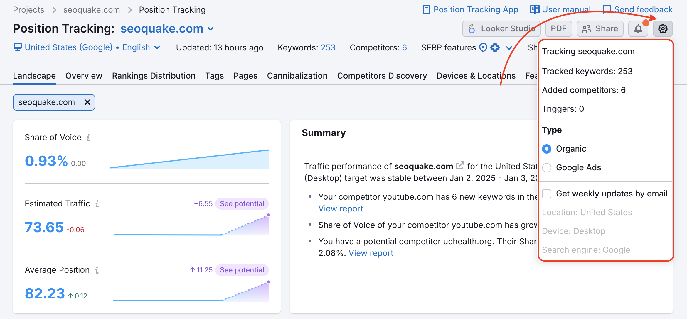 Position Tracking Landscape report with a red arrow pointing to the gear button in the top-right corner and a red rectangle highlighting the drop-down settings menu. 