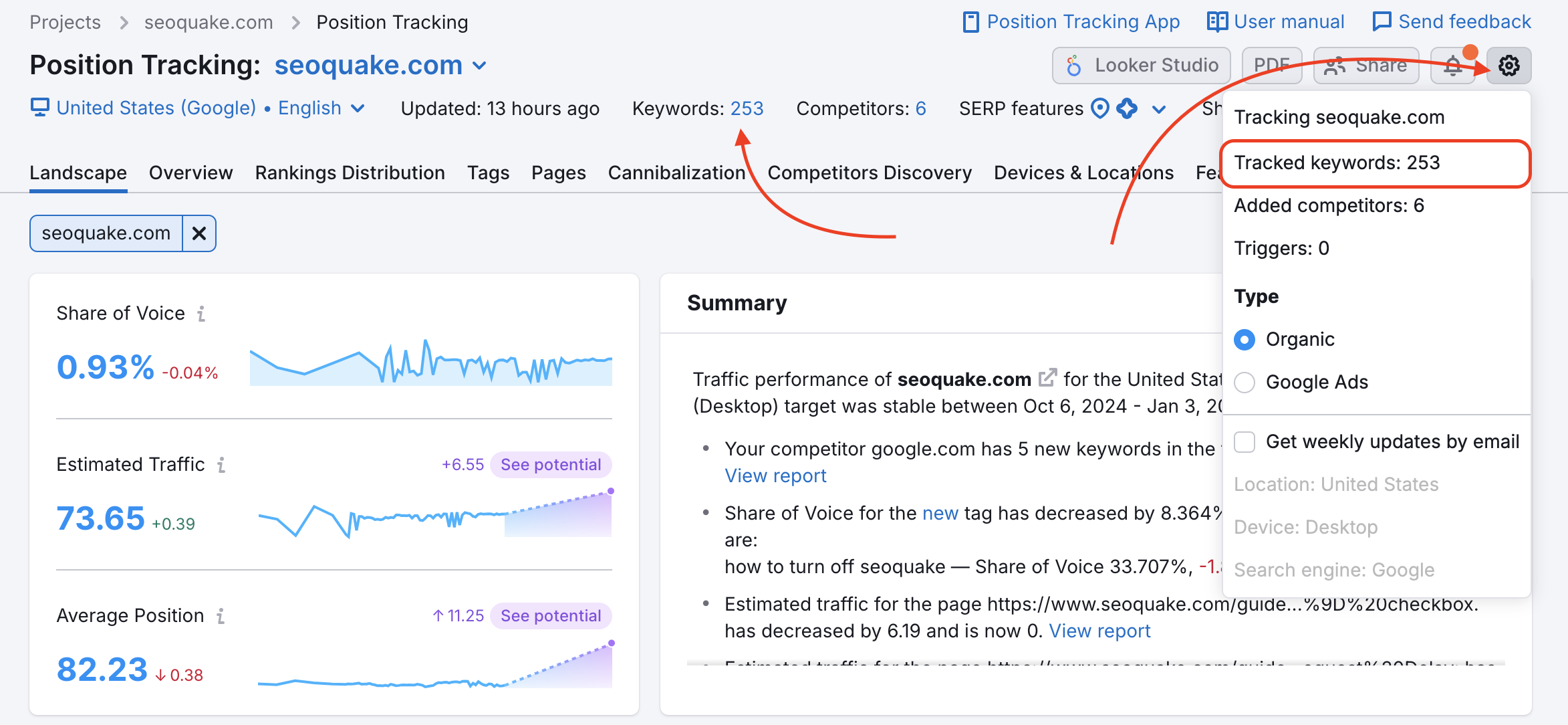 Position Tracking Overview with one red arrow pointing to the number of tracked keywords at the top of the report and another one pointing to the settings gear and a settings drop-down menu. 