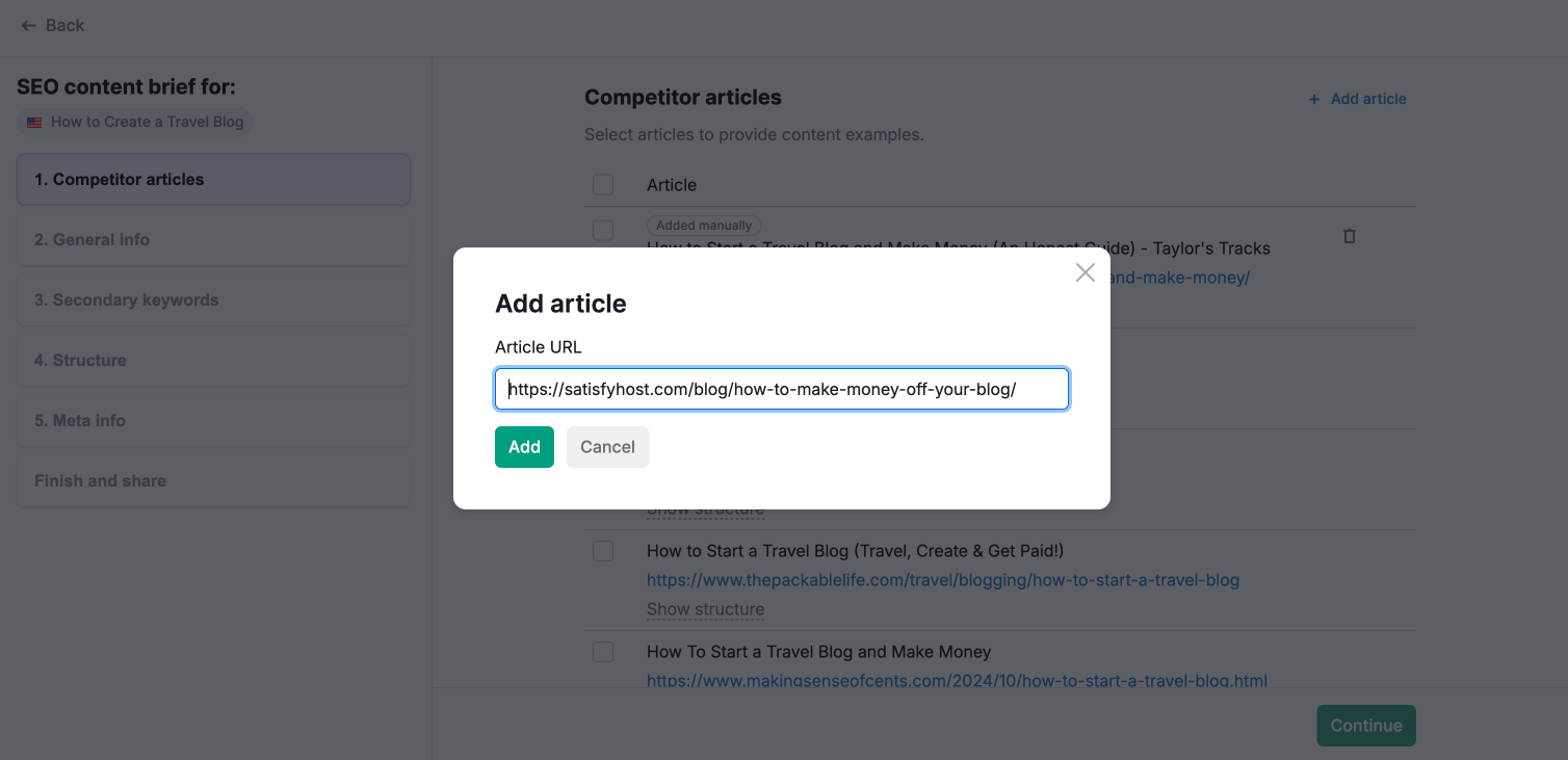 New pop-up window appearing after clicking 'Add Article,' suggesting the addition of a custom URL to include a competitor article in the suggested list.