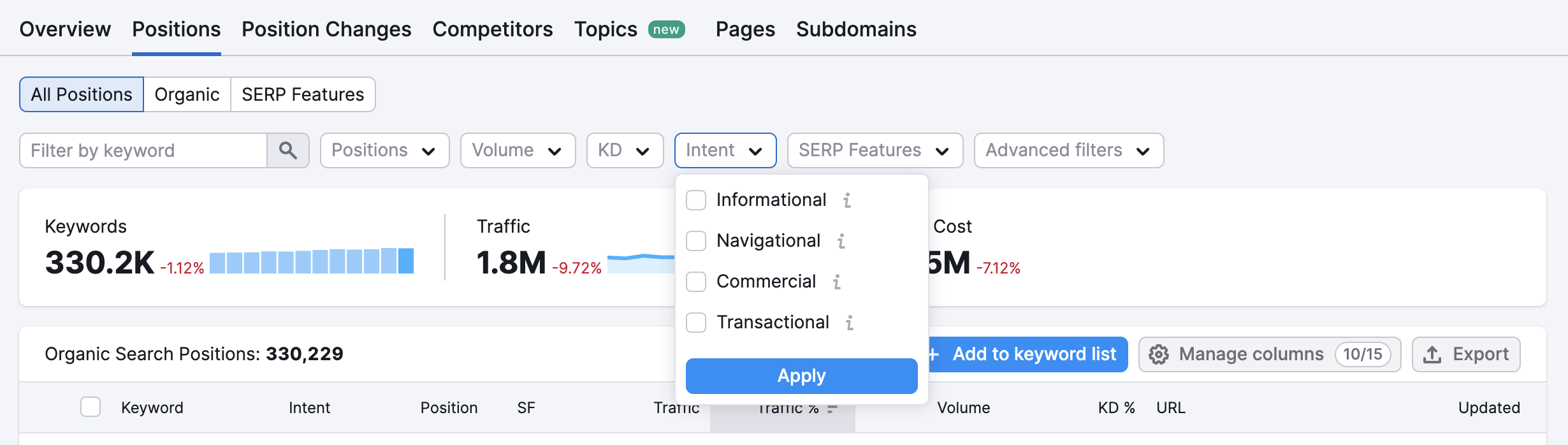 Example of the intent filter options. 